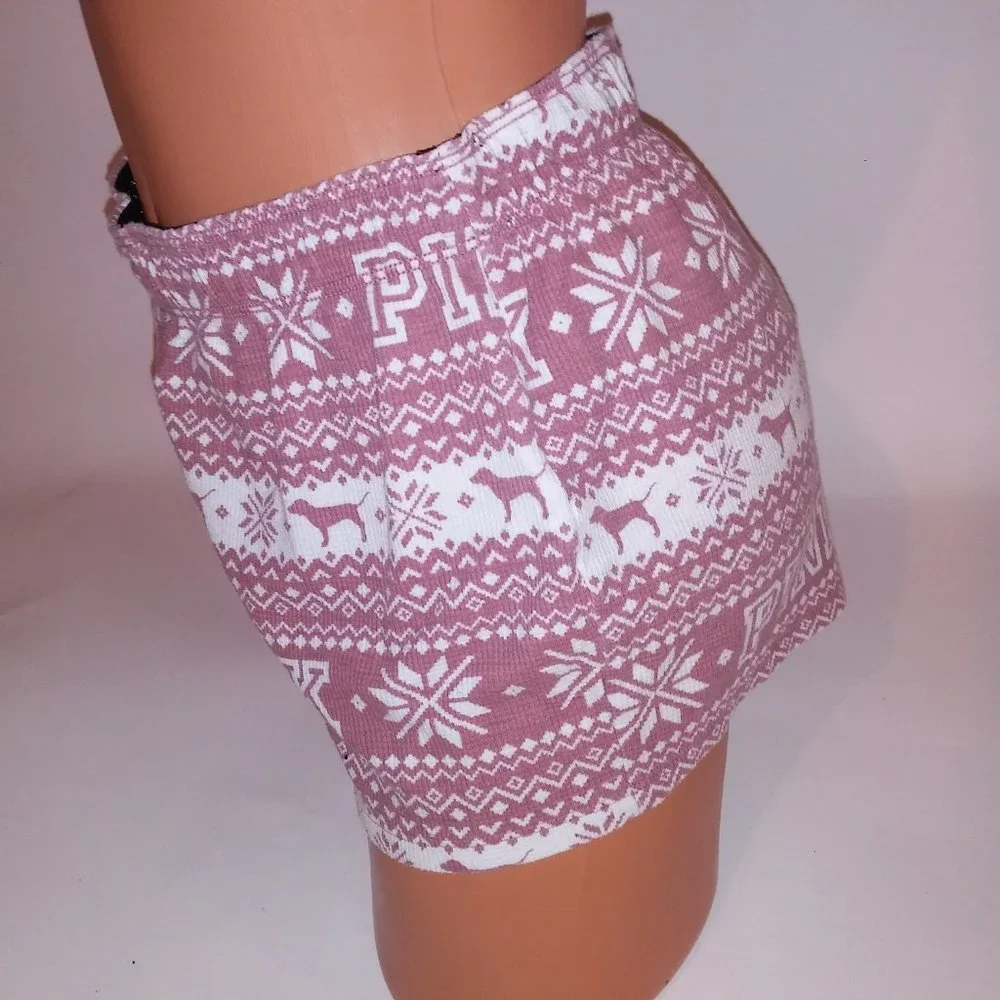 Victoria Secret PINK Pajama Shorts Sleepwear XS Pink White Fair Isle Banded Logo - Picture 4 of 6